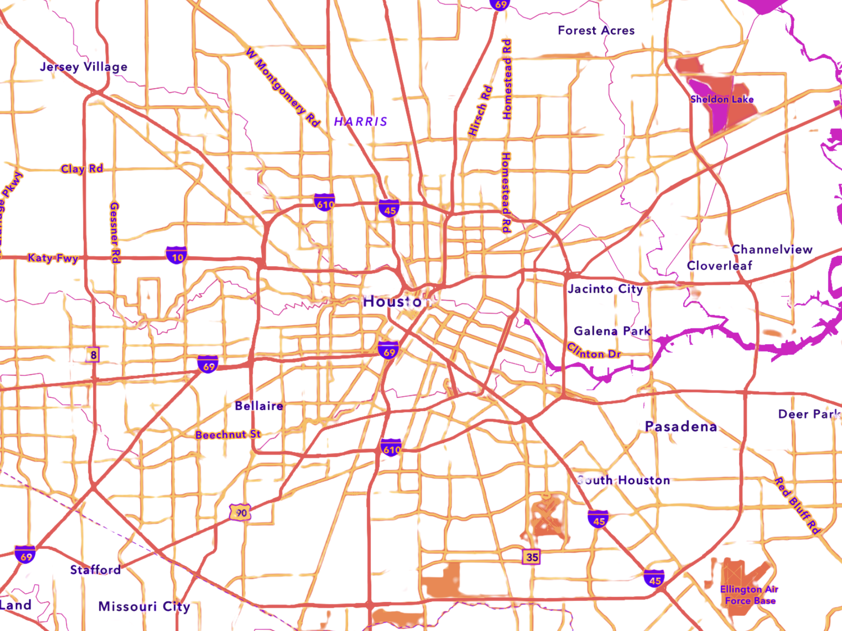 Houston metro area map with vibrant pink and orange road networks. Major highways including I-10, I-45, I-69, and Loop 610 are highlighted in bright red and purple. Surrounding communities are labeled, including Katy to the west, Jersey Village and Forest Acres to the north, Channelview and Galena Park to the east, and Bellaire, Pasadena, and Missouri City to the south. The map shows Houston's sprawling grid system with waterways marked in pink outlines.